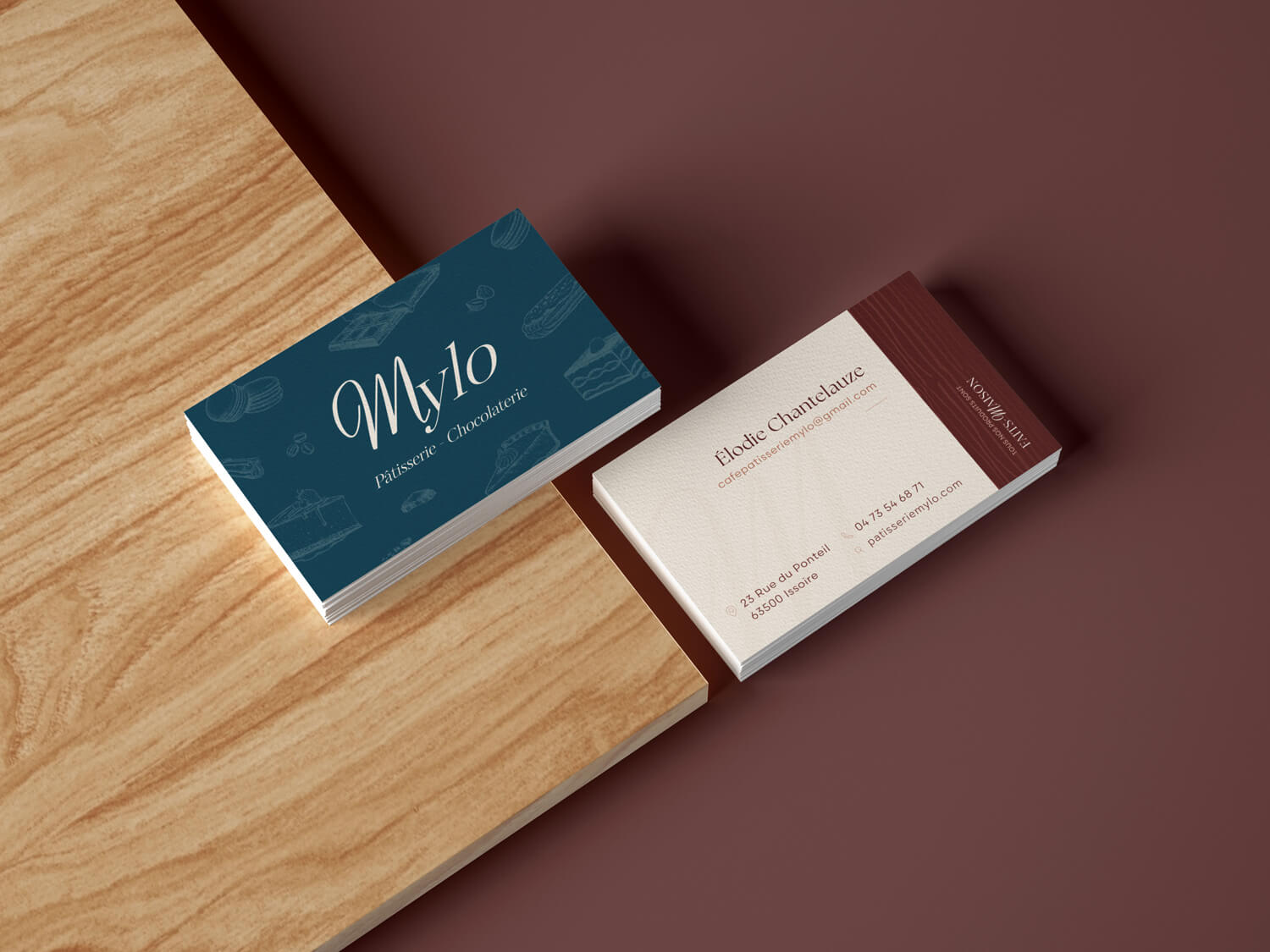 cartes de visite de la pâtisserie mylo à issoire réalisées par l'agence com commerce