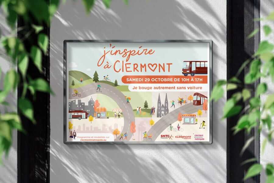 affiche de rue de l'événement "j'inspire à Clermont" créé par l'agence Com' Commerce en Auvergne