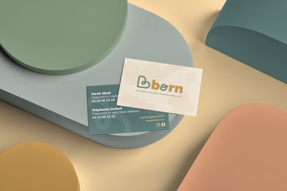 carte de visite avec le nouveau logo de la société bborn réalisé par l'agence com commerce