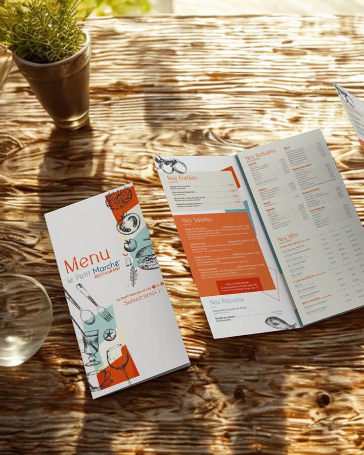 menu du restaurant le p'tit marché à Clermont-ferrand, un support print réalisé par l'agence com commerce